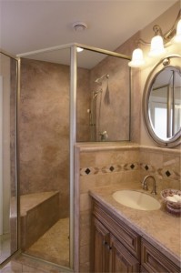 Mystera Solid Surface used for bathroom countertops, shower walls, and wainscoating.
