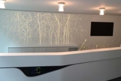 Avonite Solid Surface Reception Area Counter with Backlit Sculpted Paneling as a Back Drop