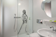 Hotel Room Bath with Walls, Shower, Flat Surfaces Made of LG HI-MACS Alpine White