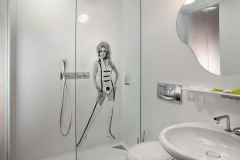 Hotel Room Bath with Walls, Shower, Flat Surfaces Made of LG HI-MACS Alpine White