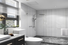 Residential Bath Shower Wall and Vanity Top of LG HI-MACS Strato Cloud Solid Surface.