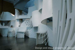 Lobby of Bronx Museum Made from Thermoformed, Stretched  and Curved Corian Glacier White Solid Surface.