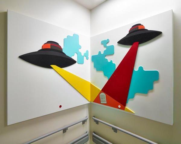 Mark Hill's work in Corian provides a colorful mural at the Glasgow Children's Hospital.