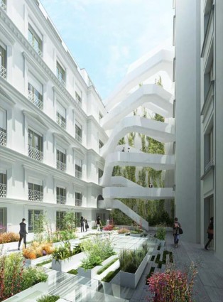 The Shift building in Paris, France, featuring a facade made of Corian® Exteriors panels based on Corian® Solid Surface in Glacier White colour and a staircase that connects the two structures and streamline the flow of people on the move; rendering by Axel Schoenert Architectes, all rights reserved.