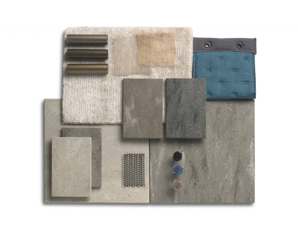 Corian Moodboard displaying samples of the Aggregate Solid Surface Collection