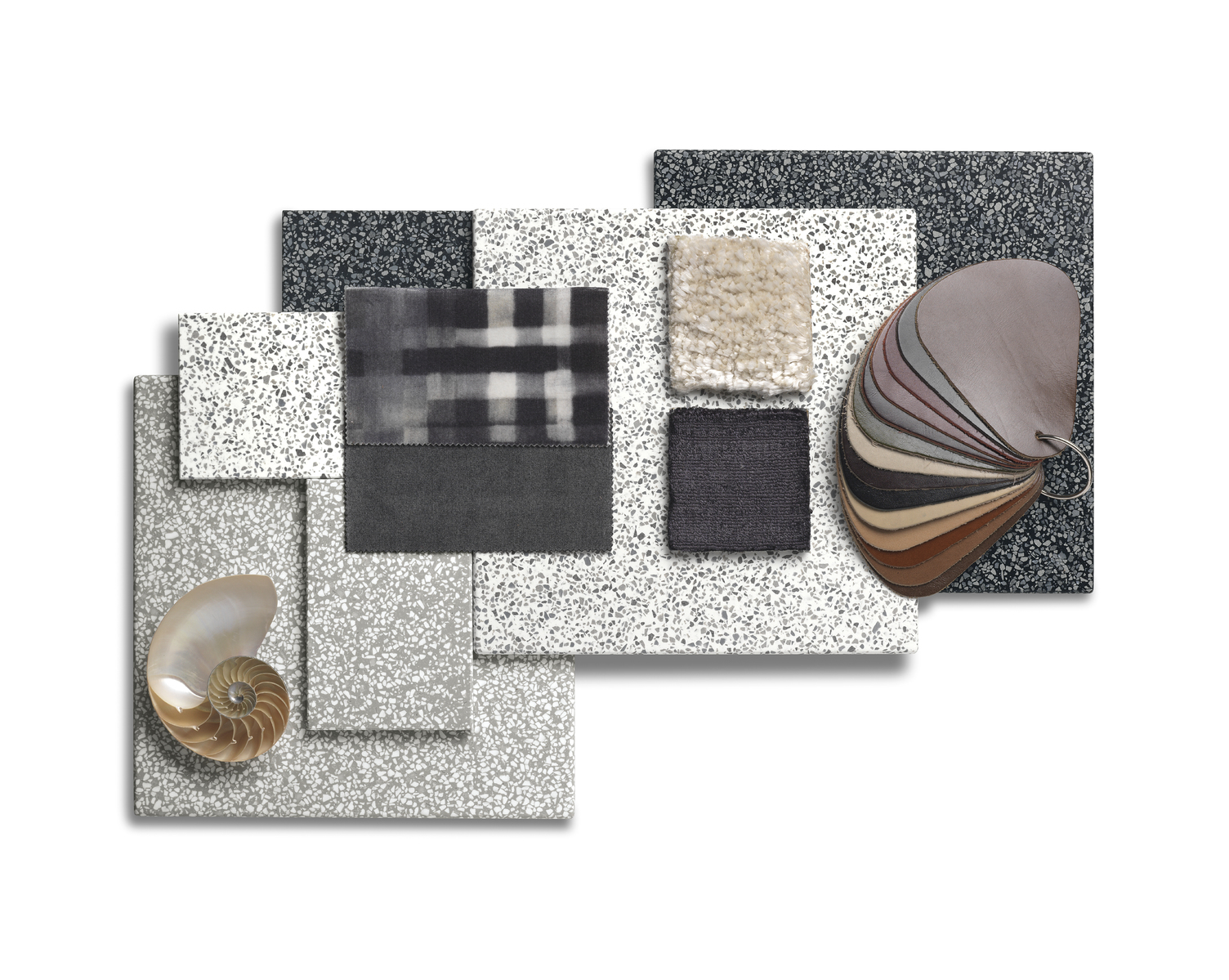 Corian Moodboard displaying samples of the Terrazzo Solid Surface Collection