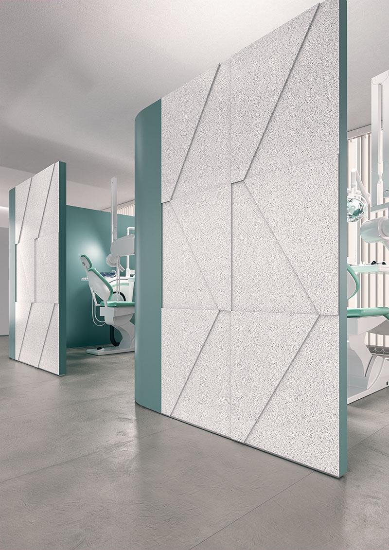 Dentist office designed using Corian Domino Terrazzo solid surface