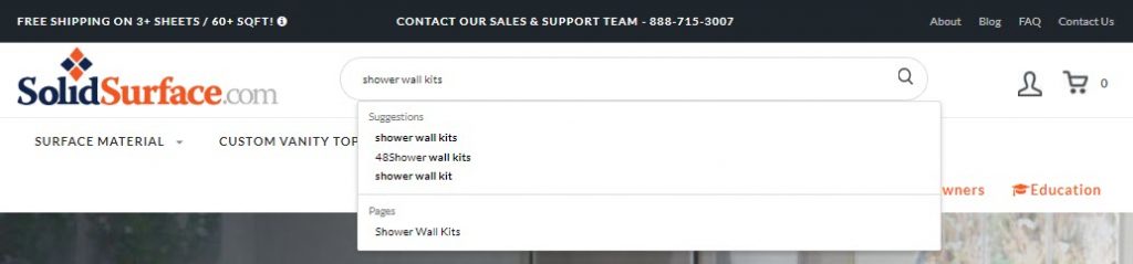 Example of intuitive pop-up suggestion for "shower wall kit" search.