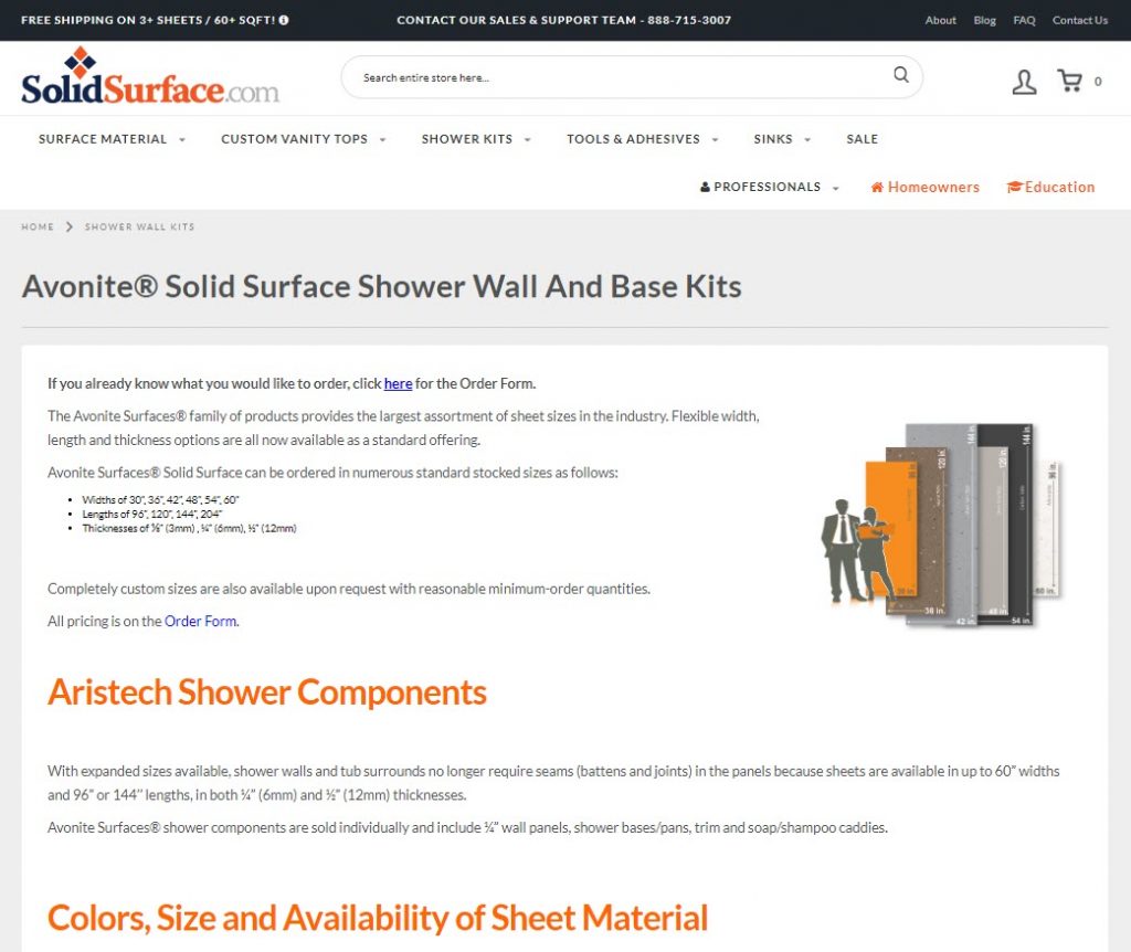 Page result for "Shower Wall Kit" search shows Avonite® Solid Surface Shower Wall and Base Kits.