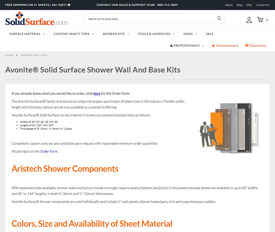 Page result for "Shower Wall Kit" search shows Avonite® Solid Surface Shower Wall and Base Kits.