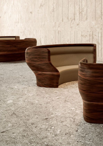 Thermoformed solid surface benches in Mahogany Nuwood from Corian®